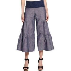 XCVI Blue Chambray Side Tiered Cropped Fold Over Waist Palazzo Pants Women's XL